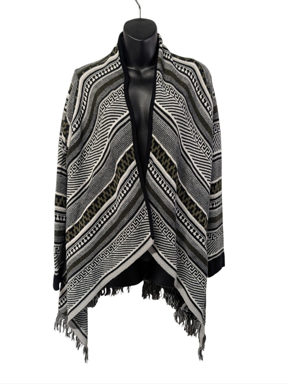 Canyon River Blues Women's Size L Geometric Fringe Open Cardigan Black White